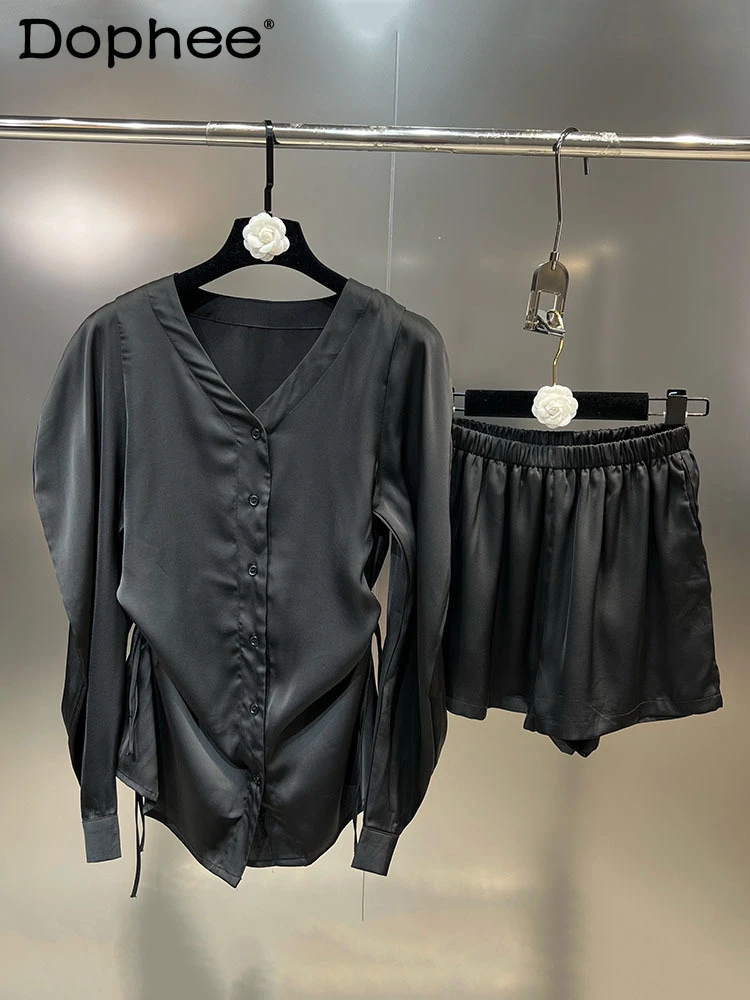 

DEAT Autumn V-neck Puff Long Sleeve Drawstring Design Sense Shirt High Waist Shorts Niche Solid Suit 2022 New Fashion 11Q306