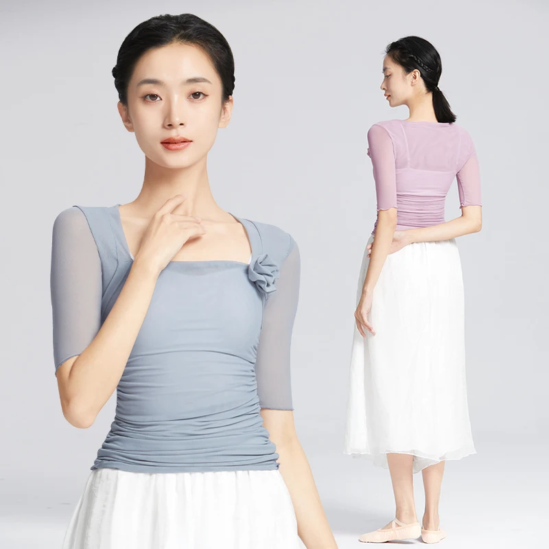 Женские Балетные топы с квадратным вырезом сетчатый нейлоновый Топ рукавами