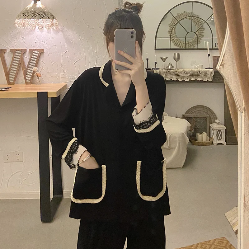 Sexy Lace Spring Pajama Sets Women Plus Size M-3XL Chic Elegant Tender Patchwork Long Sleeve Pockets High Waist Sleepwear Soft