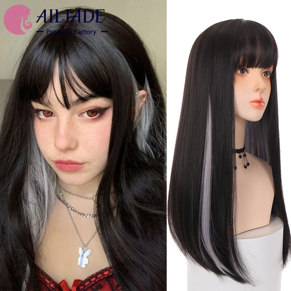 

AILIADE Long Straight Synthetic Wigs With Bangs Machine Made Cosplay Lolita Wigs For Women Black Gray Red Party False Hair