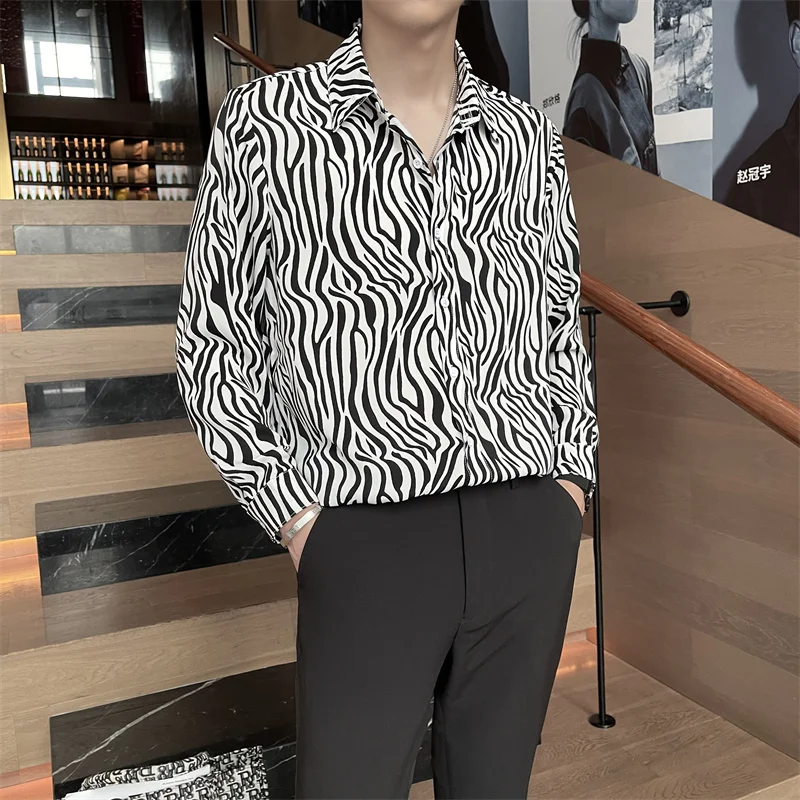 Zebra Printed Shirts for Men 2022 Summer Long Sleeve Loose Casual Shirt Streetwear Social Party Tuxedo Blouse Oversized Shirts