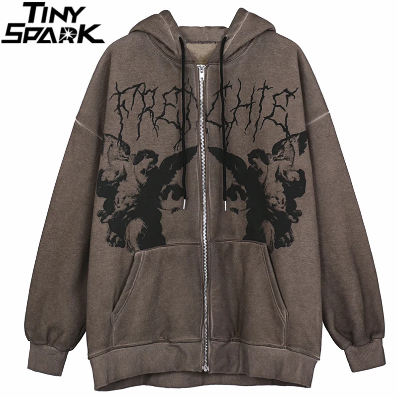 

Men Hip Hop Streetwear Hooded Jacket Angel Dark Print Jacket Coat Harajuku Cotton Fleece Autumn Winter Jacket Outwear Zipper