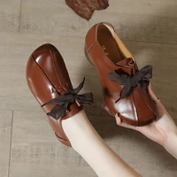 vintage women mid heel leather shoes retro solid ladies bowknot spring new shoes round toe comfy female casual shoe mom footwear
