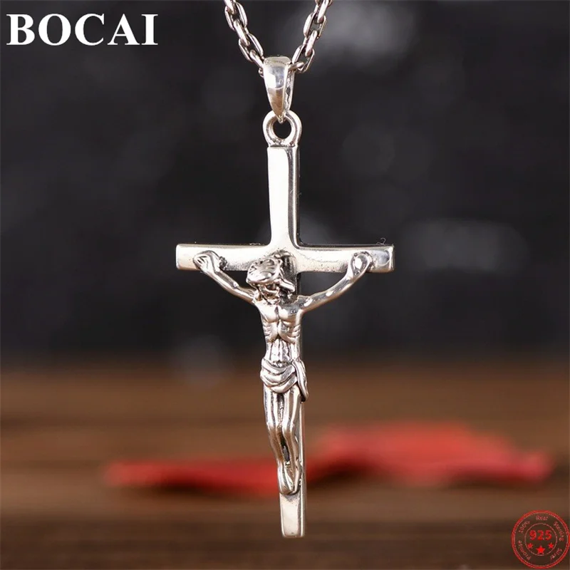 

BOCAI 100% S925 Sterling Silver Pendants for Men Women Jesus Crucifixion Smooth Cross 2023 New Fashion Popular Amulet Jewelry