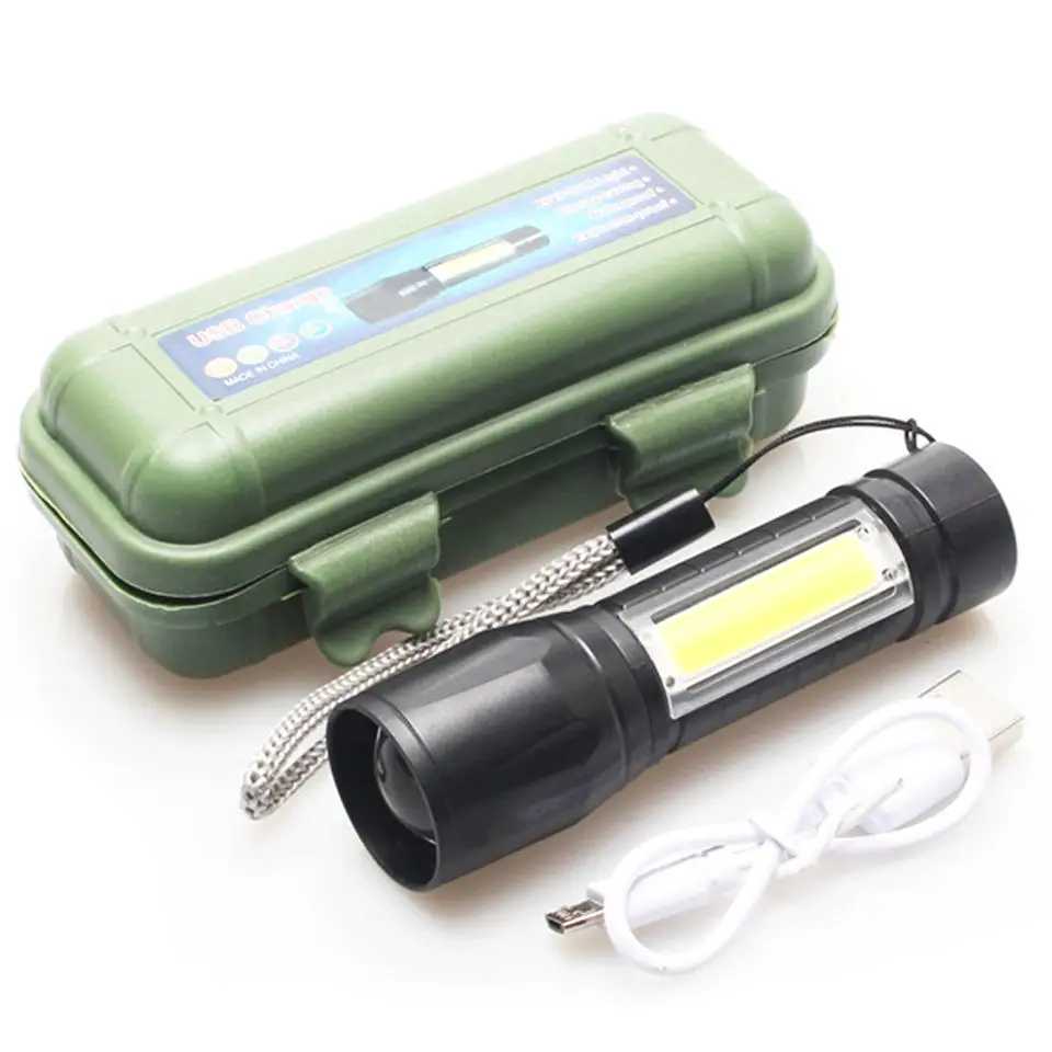 

Mini Portable USB Rechargeable Zoom LED Flashlight COB+XPE Tactical Torch Lantern 3 Lighting Modes Camping Penlight Waterproof
