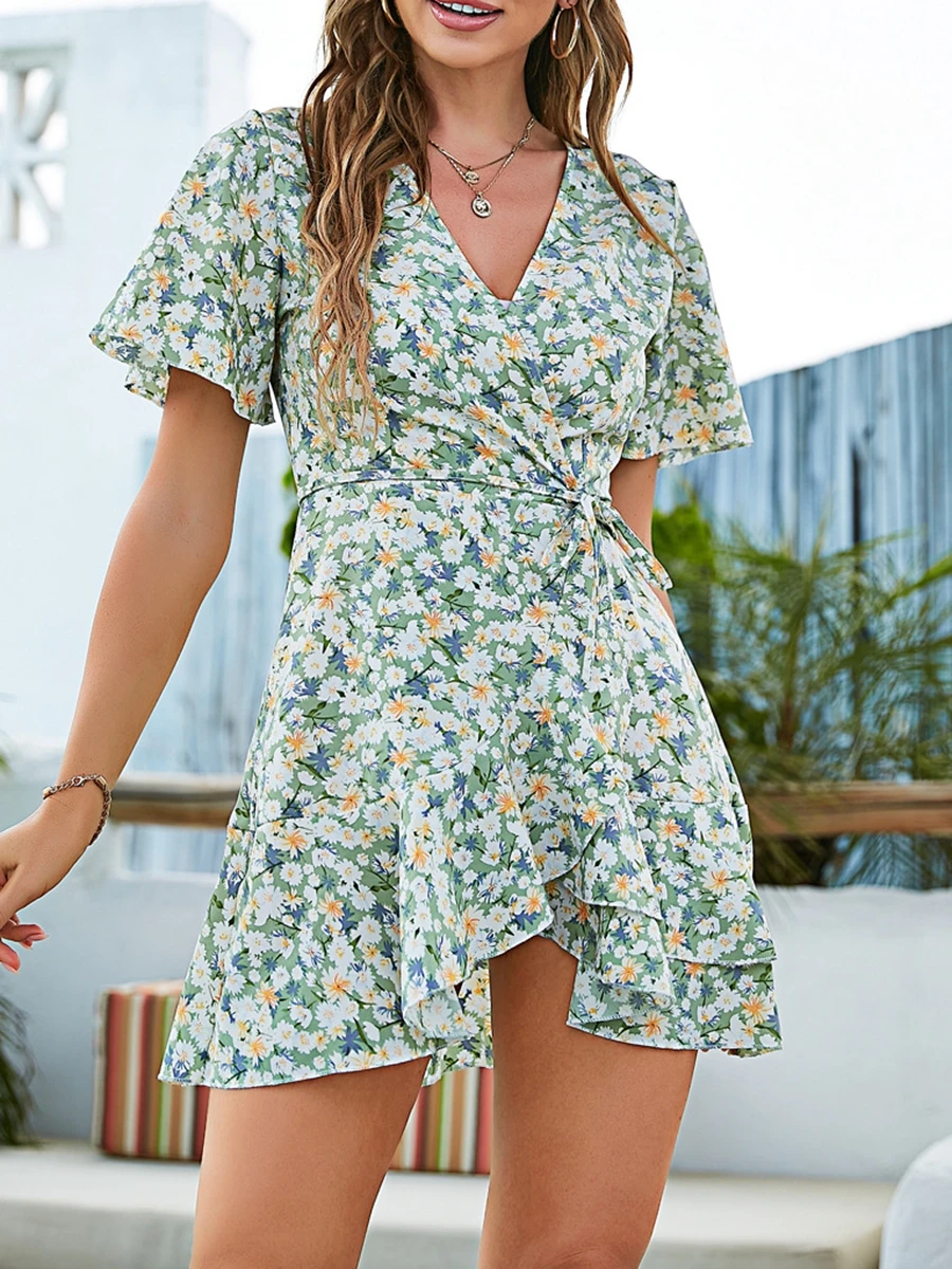 

Mini Beach Wrap Dress Women Summer Ruffle Short Sundress Floral Print Lace Up Sexy Beachwear Holiday Style Fashion Vestidos