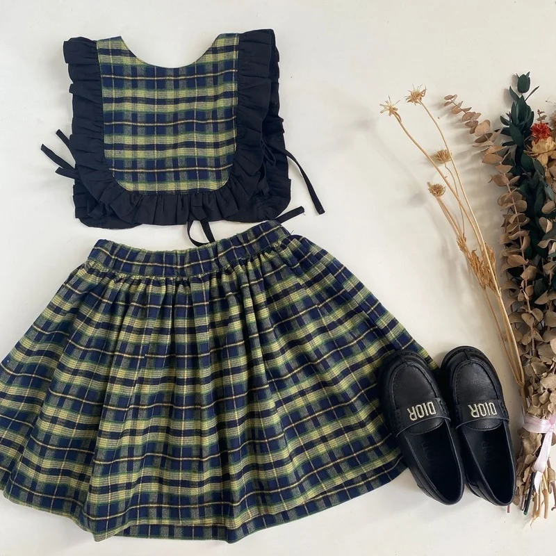 

Girls Skirt Two-piece Set Ins Japanese Plaid Cotton Brushed High-quality Cute Vest Skirt