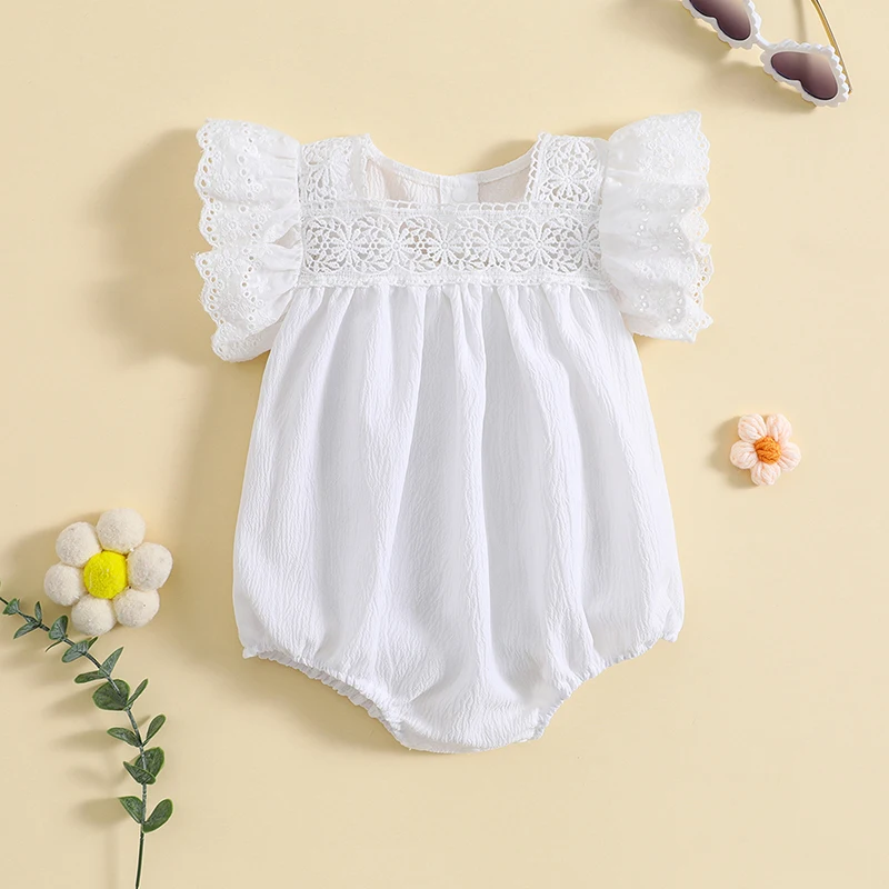 

0-24Months Newborn Baby Girl Clothes Hollowed Flower Ruffle Fly Sleeve Square Neck Romper Summer Clothes Baby Casual Clothing