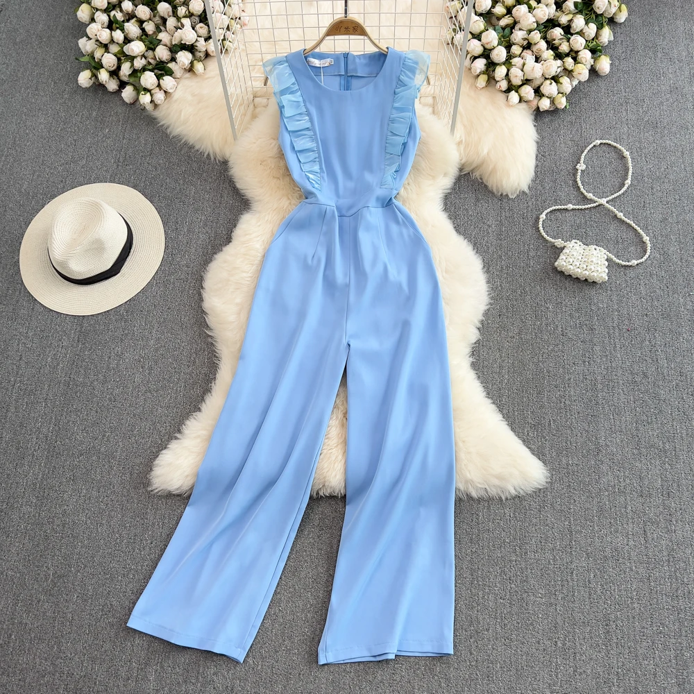 

Темпераментный комбинезон с круглым вырезом без рукавов для женщин 2022 Летний Новый Модный приталенный прямой комбинезон с широкими штанинами