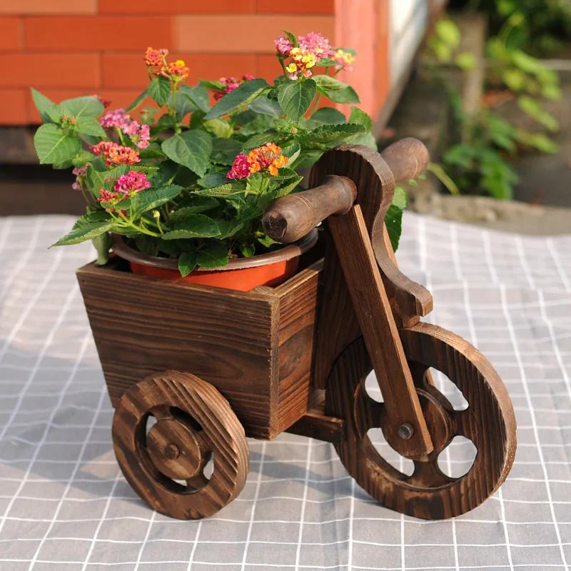 Garden Statues Solid Wood Flower Pot Tricycle Flower Stand Wooden Wheel Flower Pot Courtyard Balcony Outdoor Garden Decoration