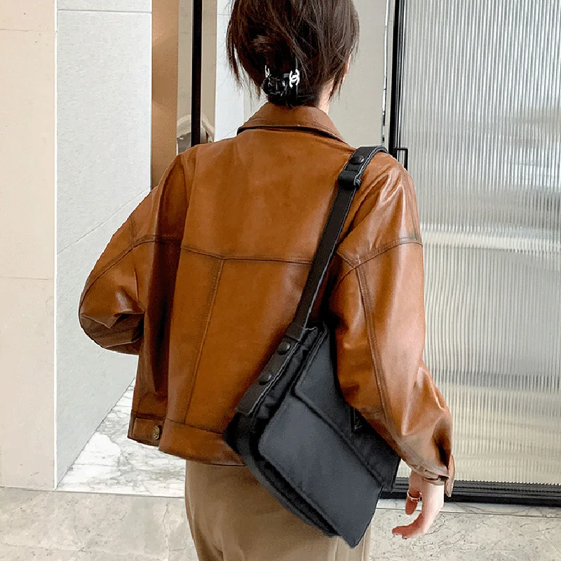 2023 New Lady Leather Jackets Sheepskin Crop Coat Solid Vintage Vegetable Tanned Leather Motorcycle Jacket Streetwear CL4019