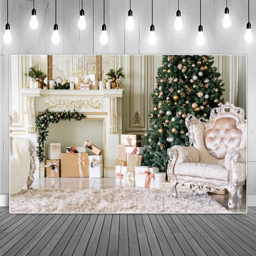 

Retro Marble Christmas Fireplace Room Photography Backdrop Kids Candles Gifts Bells Tree Plush Mat Home Studio Photo Backgrounds