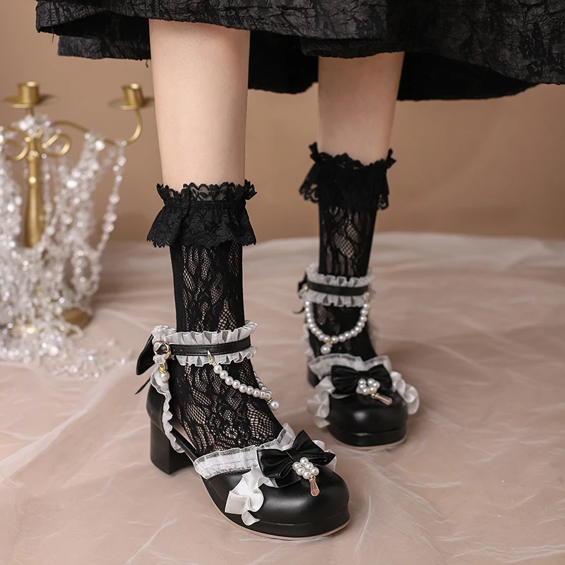 Adorable Side Open Lolita Women Sandals with Playful Sweet Delicate Bow Beaded Detail and Lace Trim Girls Platform Summer Shoes