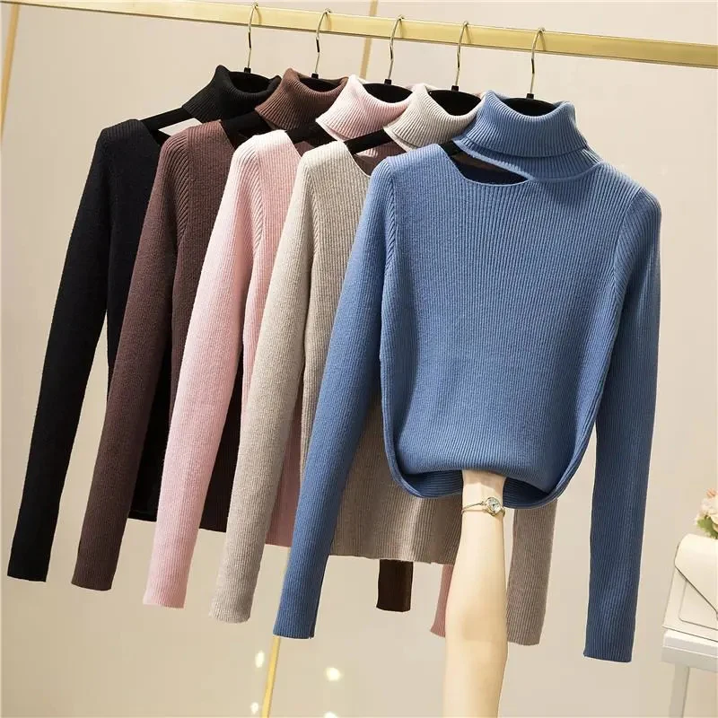 

Hollow Out Turtleneck Pullover Sweater Women Basic Long Sleeve Inner Sweater Ladies Stretch Soft Ribbed Knit Top