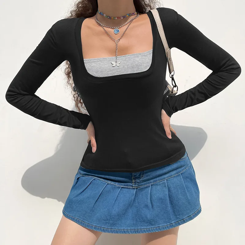 

Women Fake 2pcs Basic Shirt Y2k Grunge Long Sleeve Tops Autumn Casual Square Neck Slim Fit Blouse Tee Aesthetic Blouse Tops 90s