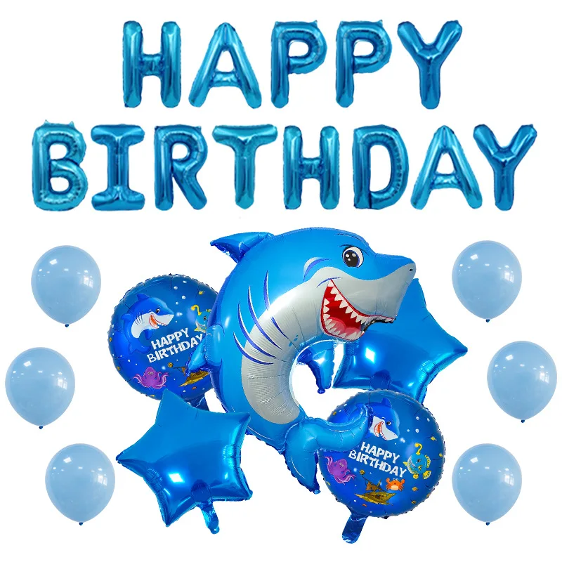 

Blue Shark Birthday Party Decoration Balloons Happy Birthday Underwater Animals Balloons Foil Curtains Ocean Themed Party