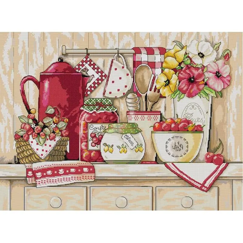 Набор для вышивки крестиком с изображением натюрморта теплая кухня 14 карат белый