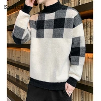 mens fashion plush knitted sweater winter warm pullovers 2022 kpop mock neck plaid top men patchwork sweaters male streetwear