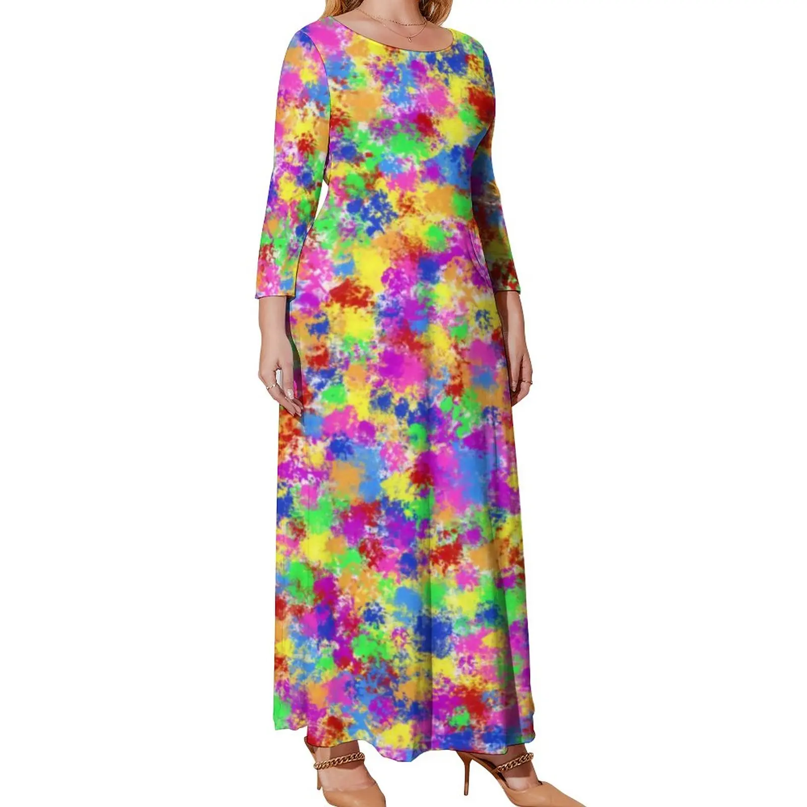 Rainbow Neon Paint Dress Long Sleeve Abstract Splash Sexy Maxi Dress Street Fashion Print Beach Long Dresses Plus Size 4XL 5XL