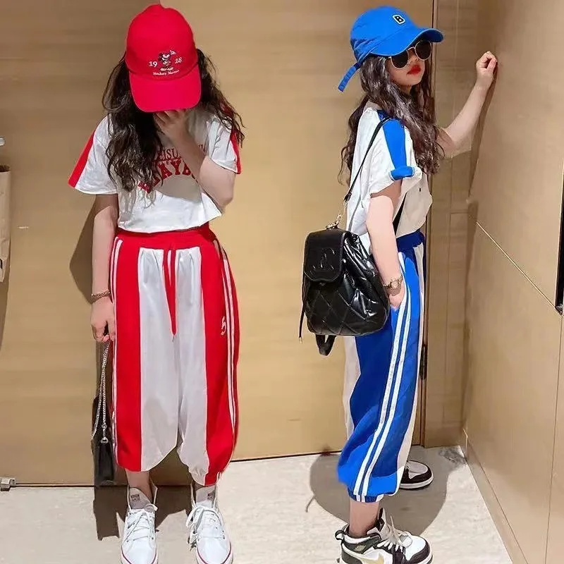 

Teenager Summer Girls Clothes Letter Print Contrast Striped T Shirt Top+Long Pant Sets Tracksuit Outfit 7 9 12 14 15 Years Old