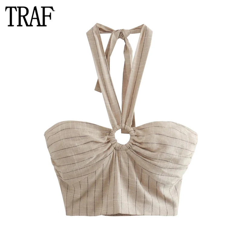 

TRAF Striped Crop Top Women Ruched Halter Corset Top Female Sexy Backless Tops for Women 2023 Buckle Summer Bustier Top Woman