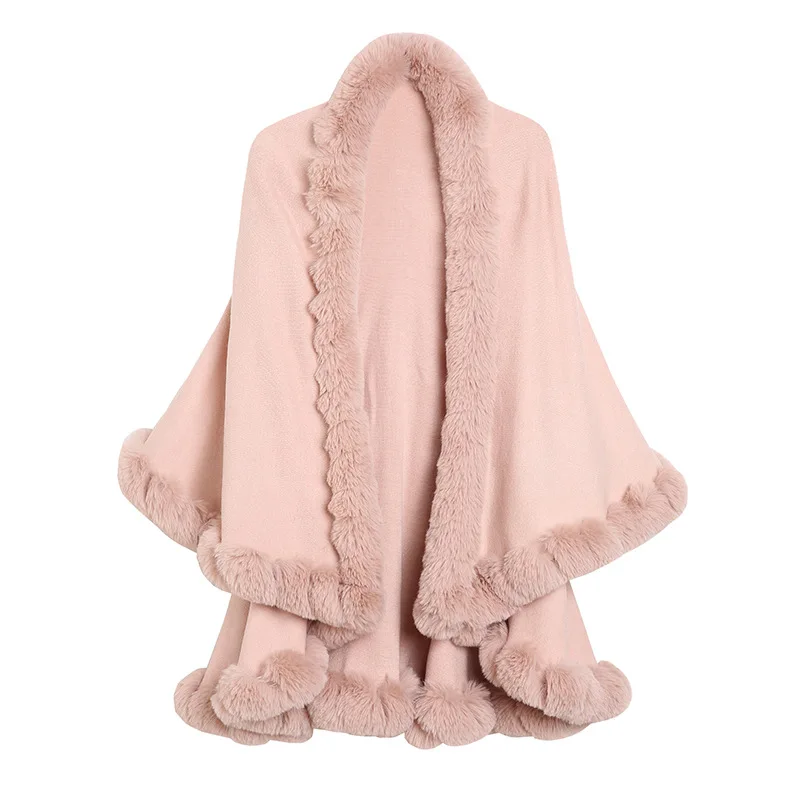 Women's faux fox fur collar, double-knit cardigan shawl cape