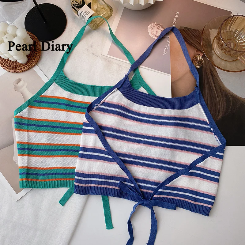 

Pearl Diary Summer New Style Reveal/Show One's Back Retro Top Women Rainbow Stripe Short Crop Top Frenulum Halter Vest