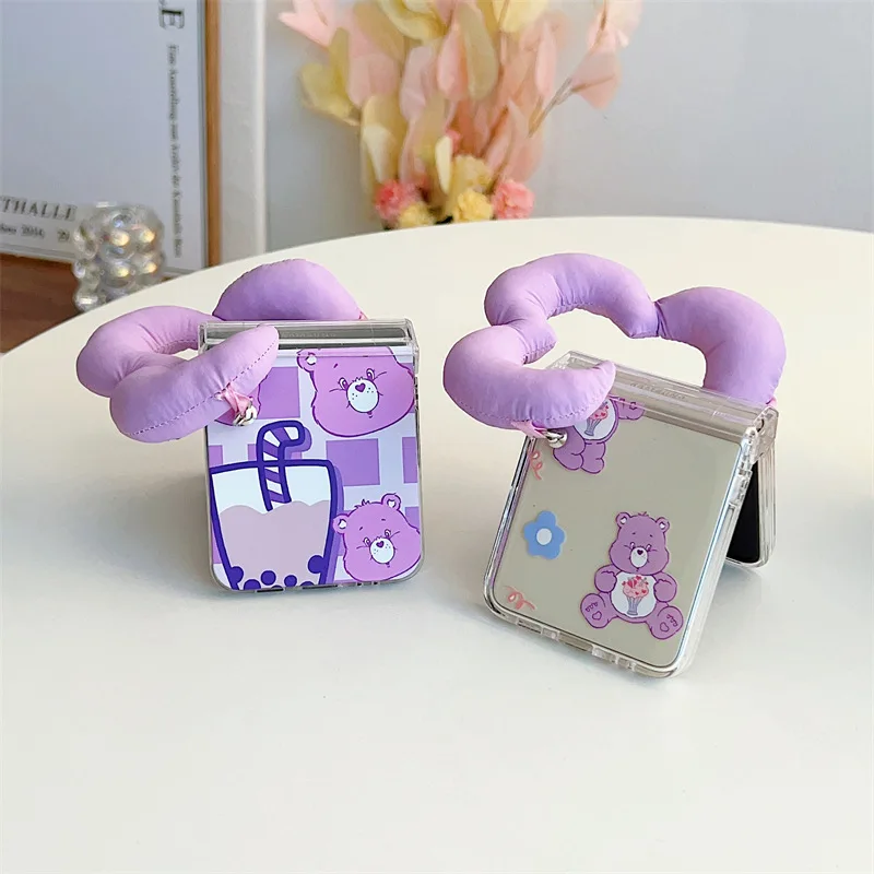 Cartoon Flower Bear Phone Case with Cloud Pendant for Samsung Galaxy Z Flip 4 3 Hard Cover for ZFlip3 Zflip4 Solid Shell Bracket