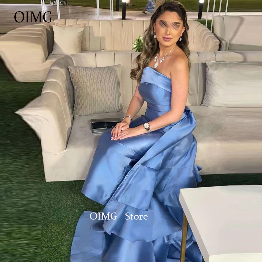 

OIMG Saudi Arabic Women Dusty Blue Satin Mermaid Long Evening Dresses Strapless Tiered Skirt Long Formal Occasion Prom Gowns