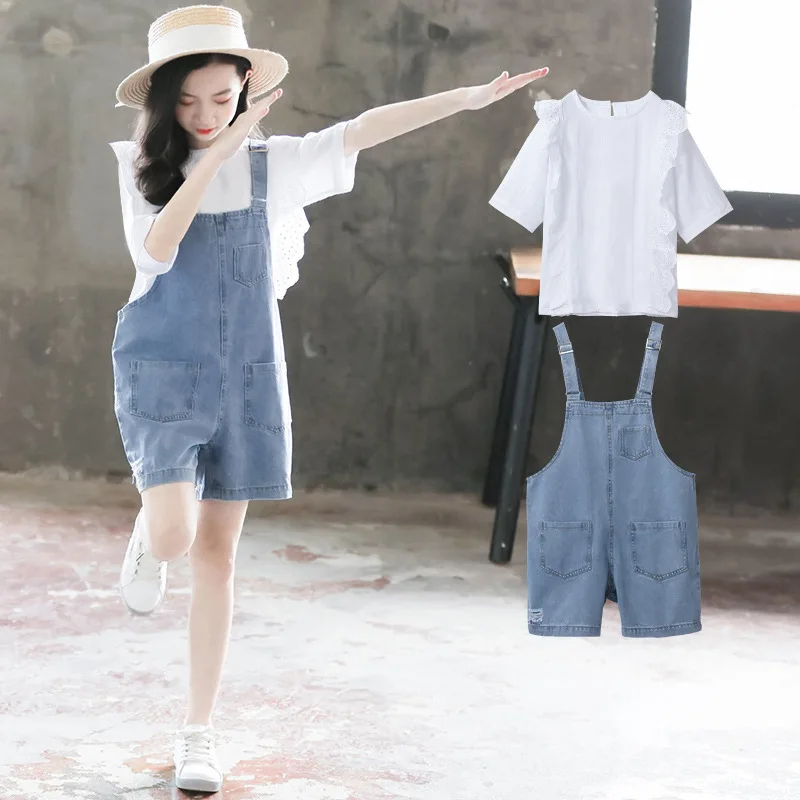 2022 летний женский костюм детская белая футболка + джинсовые короткие брюки
