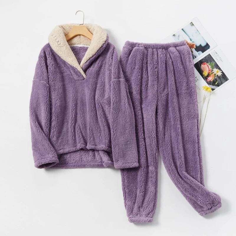 Coral Fleece Ladies Pajamas Autumn and Winter Flannel Pajamas Set Thickening Couples Home Clothes