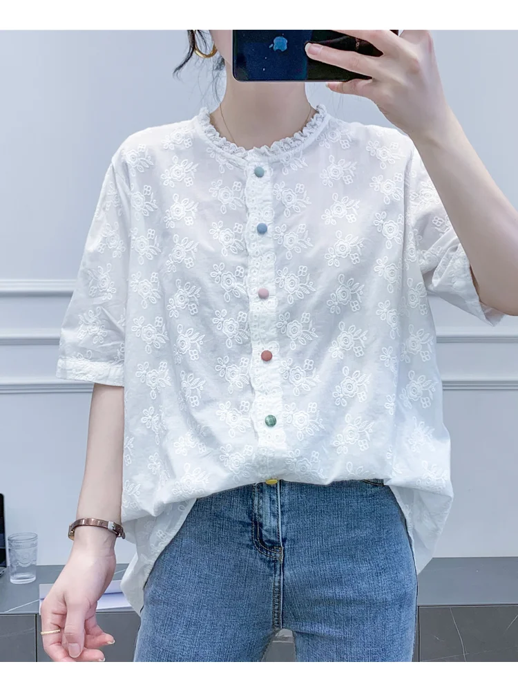 Женская хлопковая рубашка с коротким рукавом и рюшами на пуговицах - купить по