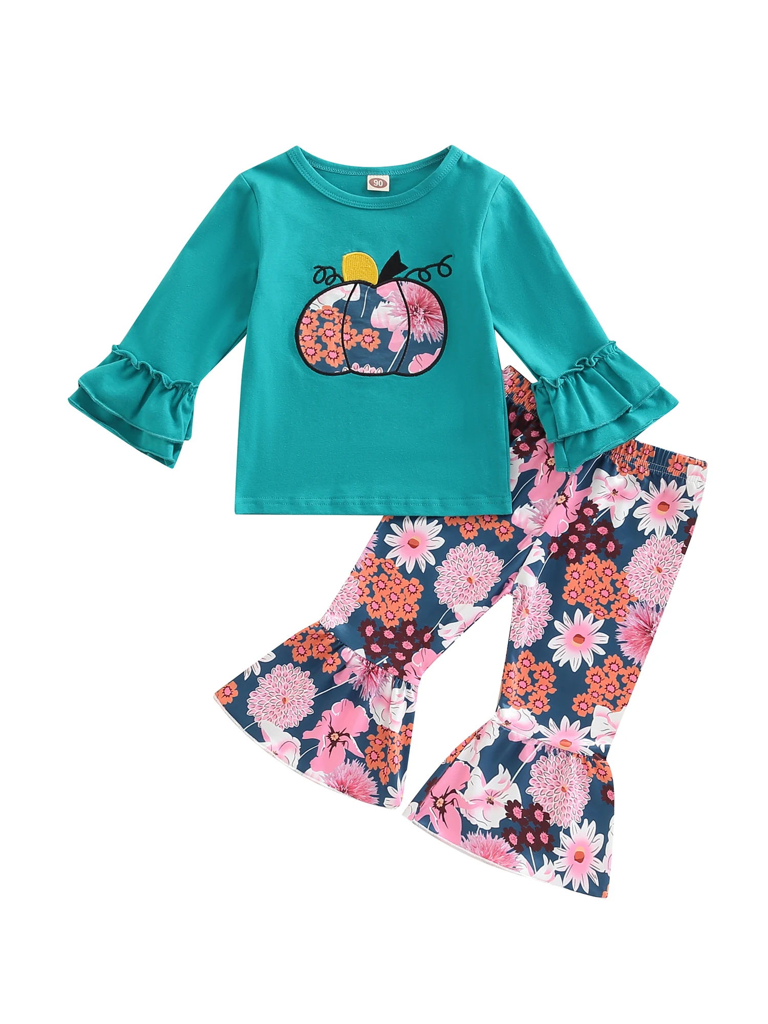 

2 шт., футболка с длинным рукавом и круглым вырезом, с принтом тыквы и цветов