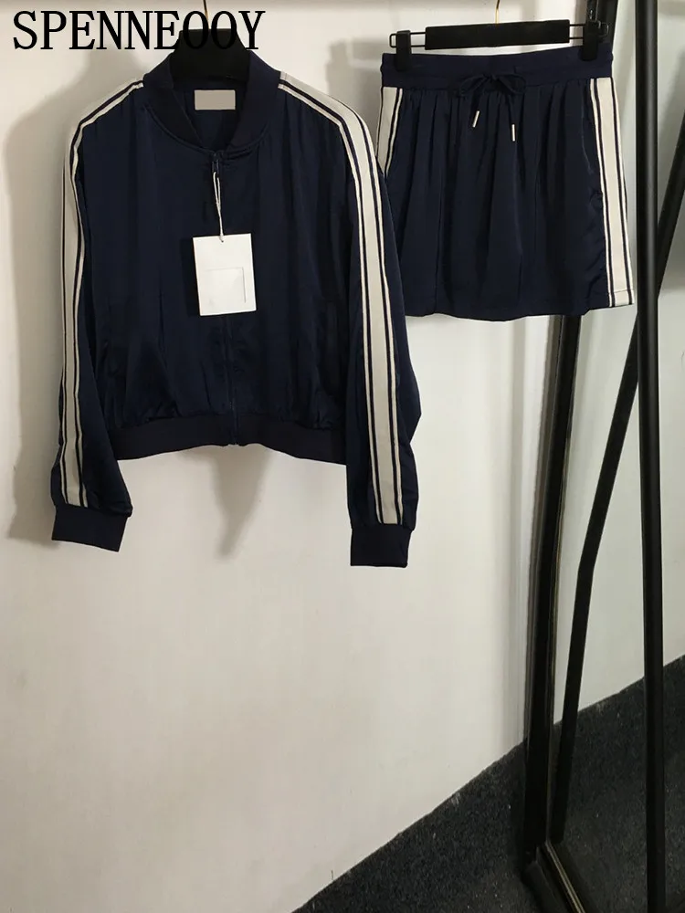 Женский костюм с мини-юбкой SPENNEOOY модельный темно-синий воротником-стойкой