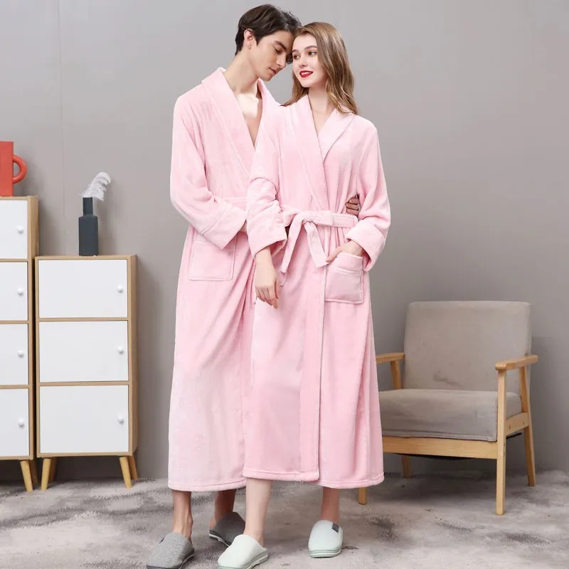 Men Flannel Kimono Bath Gown Ultra Long Robe Coral Fleece Nightgown Lovers Couple Thick Warm Sleepwear Dressing Gown 2023