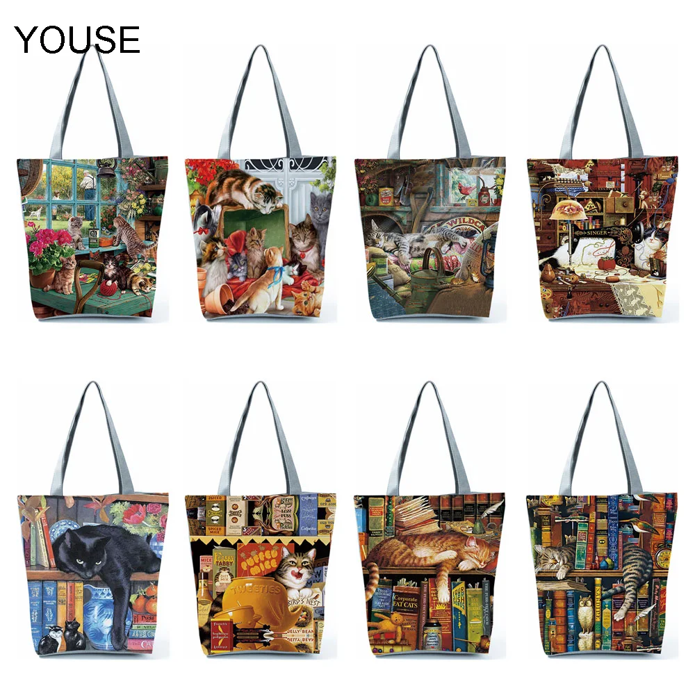 

Custom Oil Painting Cat Print Women Designer Shoulder Bags Lady Portable Beach Bag High Capacity Shopping Bag Practical Handbags