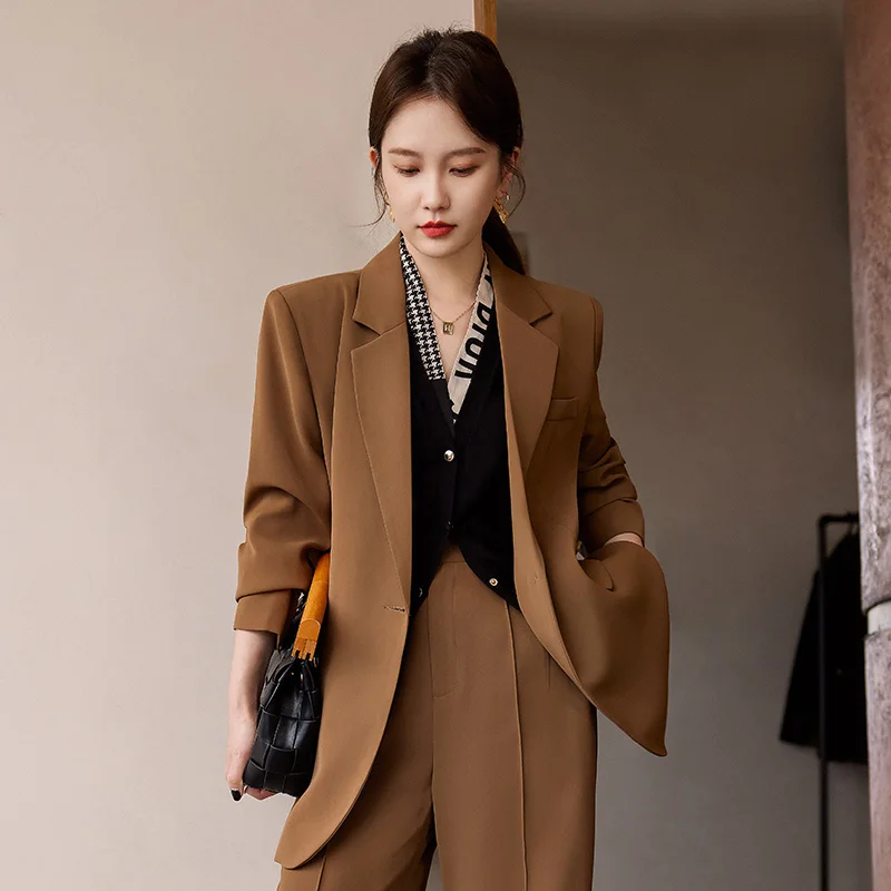2022 Korean Autumn Formal Ladies Yellow Blazer Women Business Suits with Sets Work Wear Office Uniform Large Size Pants Jacket
