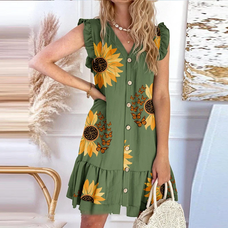 

Women Daisy Print Ruffle Office Dress Spring V Neck Button Irregular Mini Dress New Summer Butterfly Sleeveless Tank Beach Dress