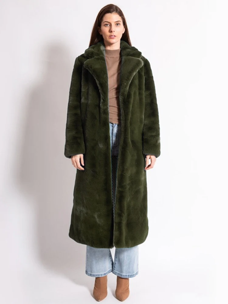 

FMFSSOM Winter New Women Faux Rabbit Fur Coat Fashion Casual Warm Long Sleeve Turn Down Collar Mid-Calf Fur Outwears