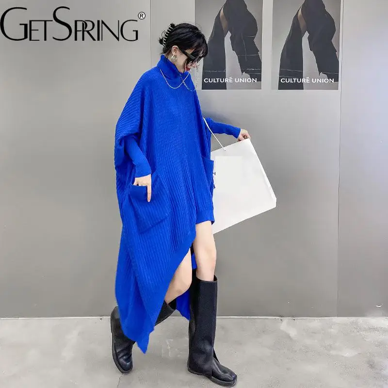 

GetSpring Women Dress 2022 Autumn Winter Bat Sleeve Turtleneck Asymmetrical Hem Sweater Dress Loose Oversized Long Knitted Dress