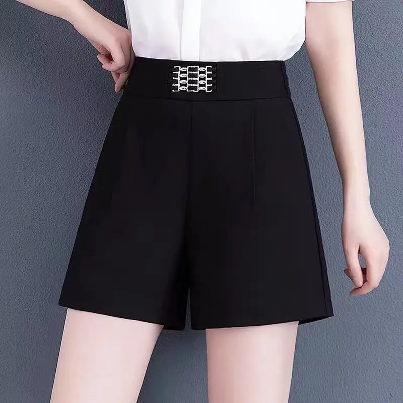 Fashion All-match Female Solid High Waist Shorts Office Lady Korean Simplicity Sequined Spliced Loose Shorts Women's Clothing