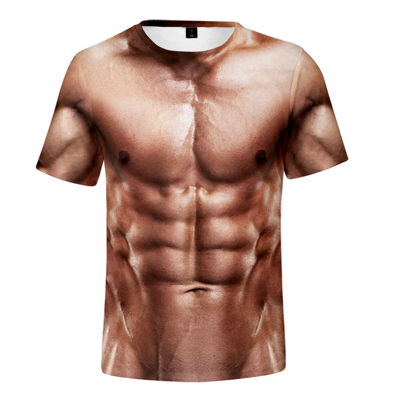 Magliette muscolari finte da uomo estive stampa 3D t-shirt con motivo a pettorales forti donna uomo t-shirt da palestra addominale top Streetwear