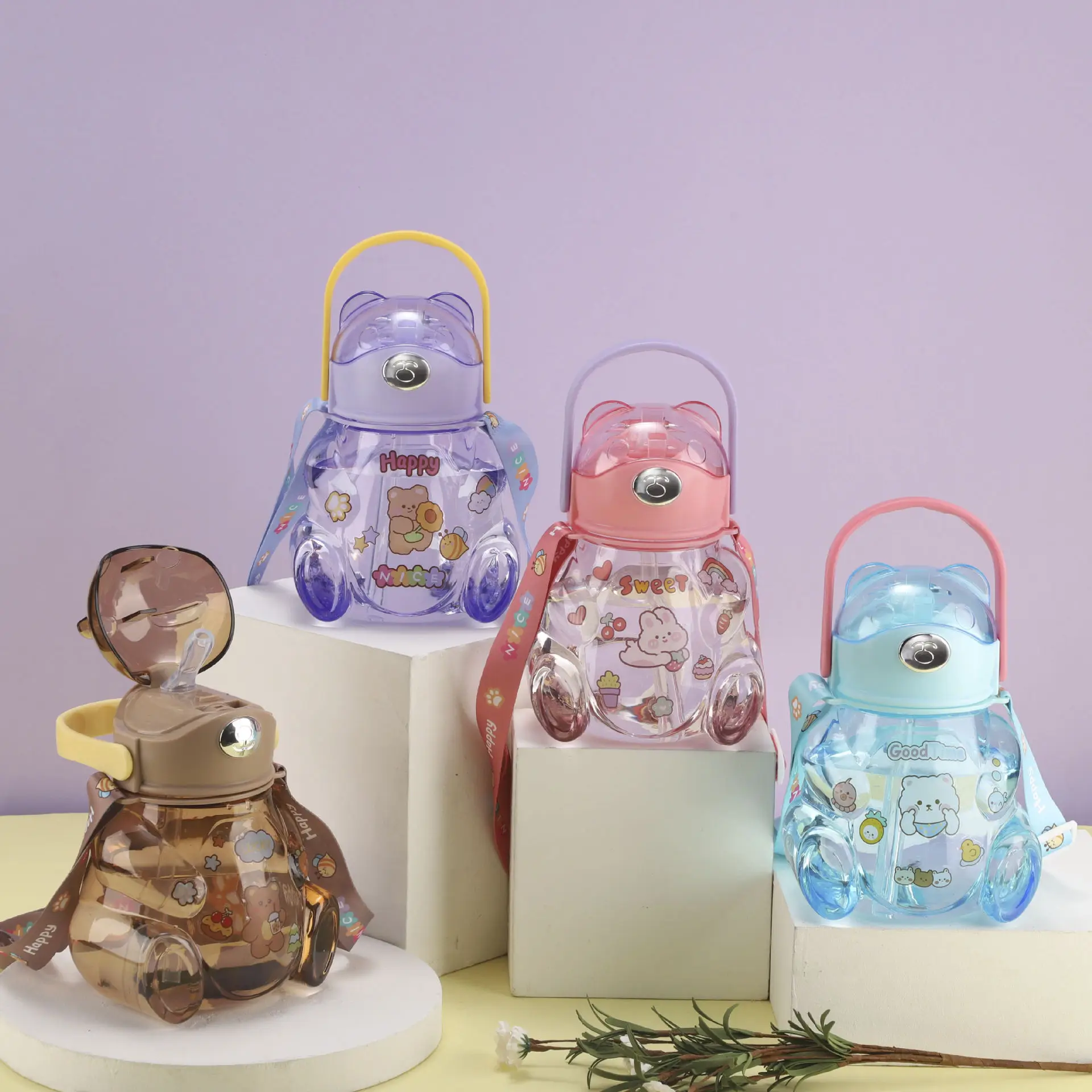 

1300ML Transparent Large Capacity Water Bottle Plastic Kawaii Cup Cute Portable Outdoor Tumbler With Straw Strap Belly Cups New