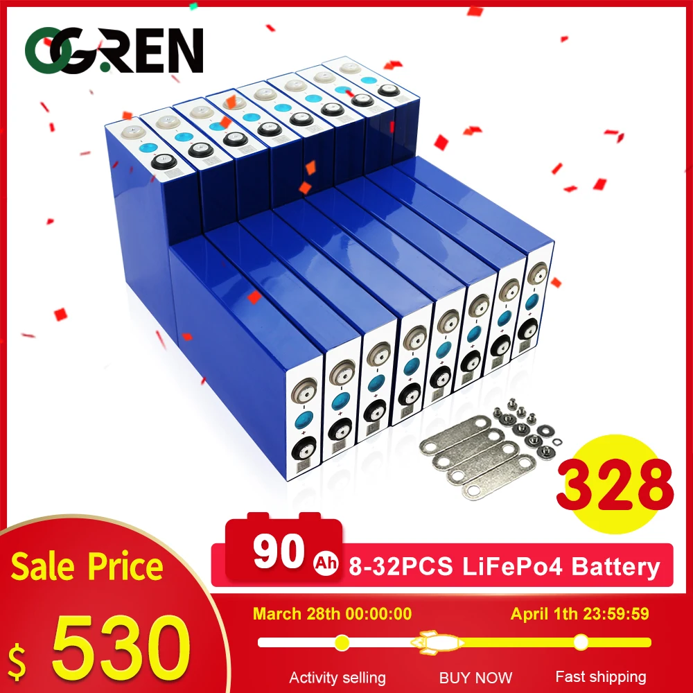 

8-32PCS 3.2V 90Ah Lifepo4 Battery 12V 24V 48V 90Ah Battery Pack EV RV Motorcycle Electric Car Solar Battery Diy US EU Tax Free