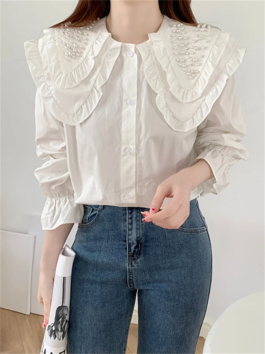 

HziriP 2022 Beading Women Shirts Sweet Lady High Quality Spring Chic Hot Peter Pan Collar White Office Wear Streetwear Tops