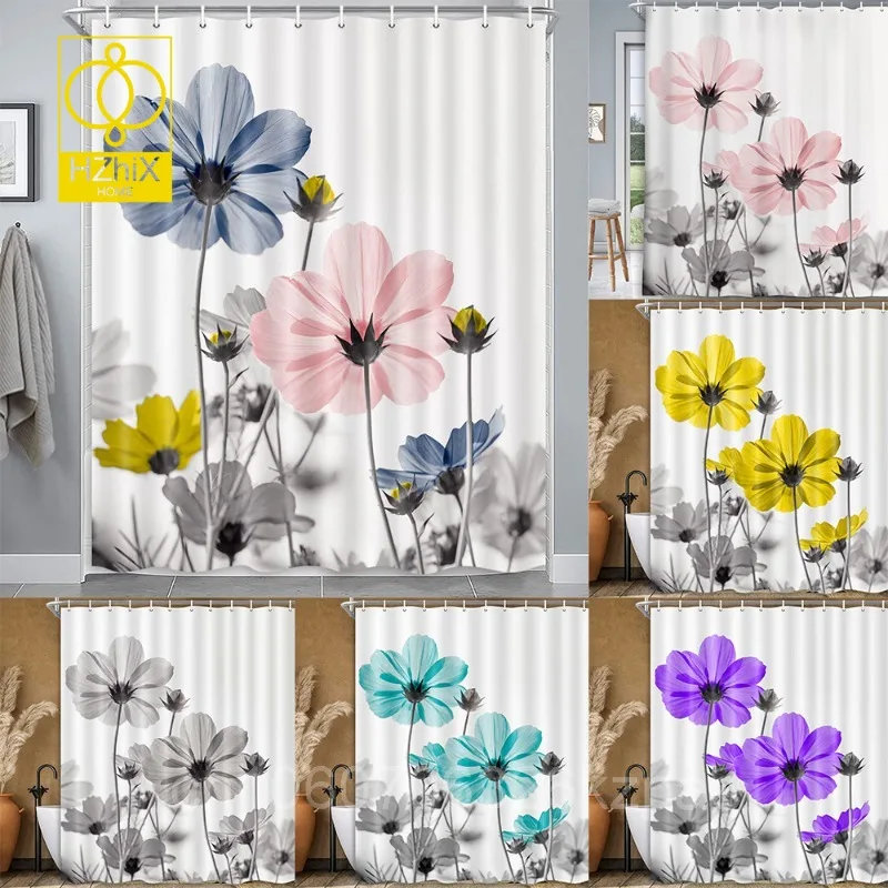 

Rustic Shower Curtain Set Grey Floral Fabric Bath Curtain Butterfly Daisy American Country Farm Style Bathroom Decor with Hooks