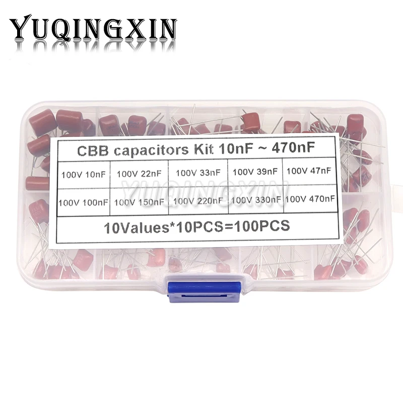 

100pcs 100V 10nF - 470nF Metallized Polyester Film Capacitor Assortment Kit High Precision Stability CBB Capacitance Set