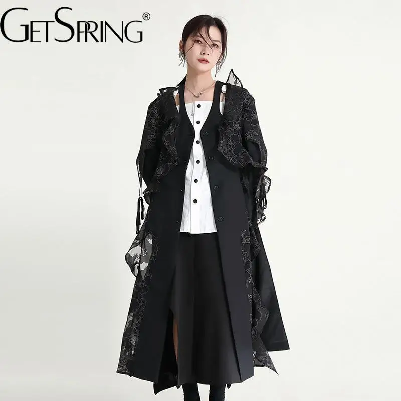 

Getspring Women Trench Coat Mesh Splicing Asymmetrical Black Long Windbreaker Irregular Hollow Out Long Coat Women 2022 New