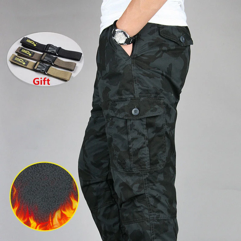 

Men's Winter Thick Warm Fleece Cargo Double Layer Overalls Casual Baggy Cotton Rip-Stop Trousers Military Tactical Pants
