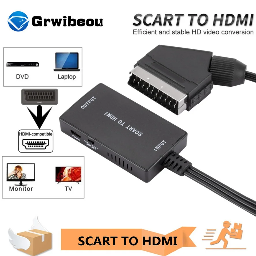 

SCART To HDMI-compatible 1080P Video Audio Converter AV Signal Adapter Receiver for HDTV Sky Box STB TV DVD with Power Cable